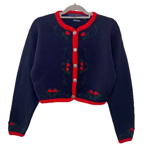 Tommy Hilfiger Vintage Cardigan Sweater Womens S Wool Navy Cropped Floral Preppy - Picture 1 of 6